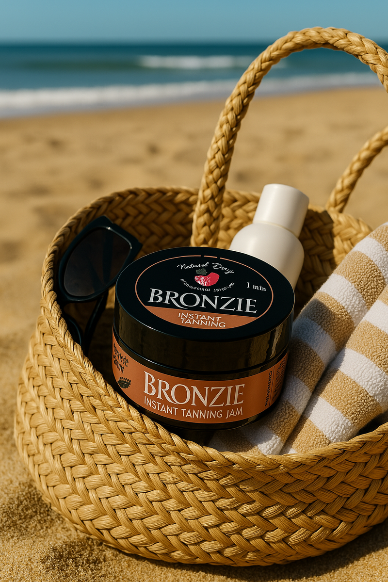 Bodybite BRONZIE Instant Tanning Jam with Watermelon and Mango in a beach bag on the sand