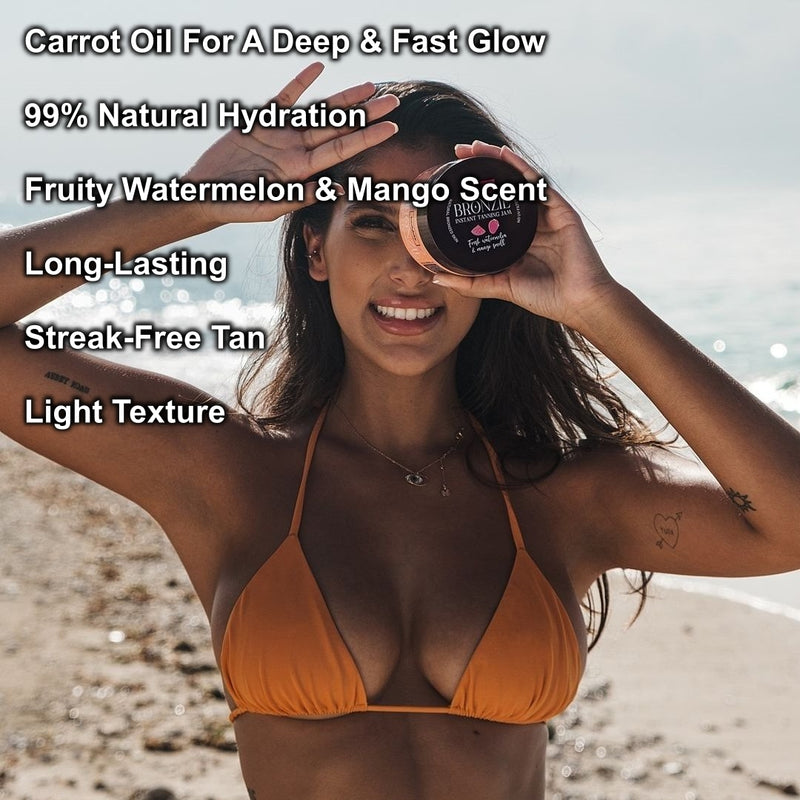 BRONZIE Instant Tanning Jam with Watermelon and Mango, offering a deep glow and hydration for a streak-free tan