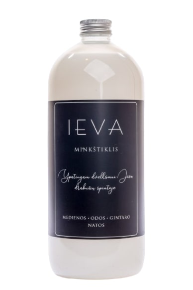 IEVA Skalbinių Minkštiklis 1000ml (Medienos, Odos, Gintaro kvapas), audinių kondicionierius, parfumuotas skalbinių minkštiklis