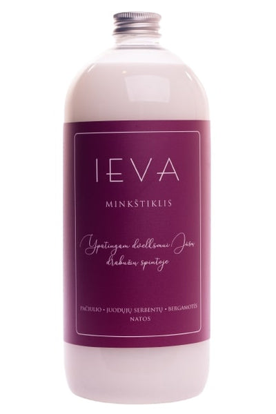 IEVA Skalbinių Minkštiklis 1000ml (Pačiulio, Juodųjų Serbentų Ir Bergamotės kvapas), audinių kondicionierius, parfumuotas skalbinių minkštiklis