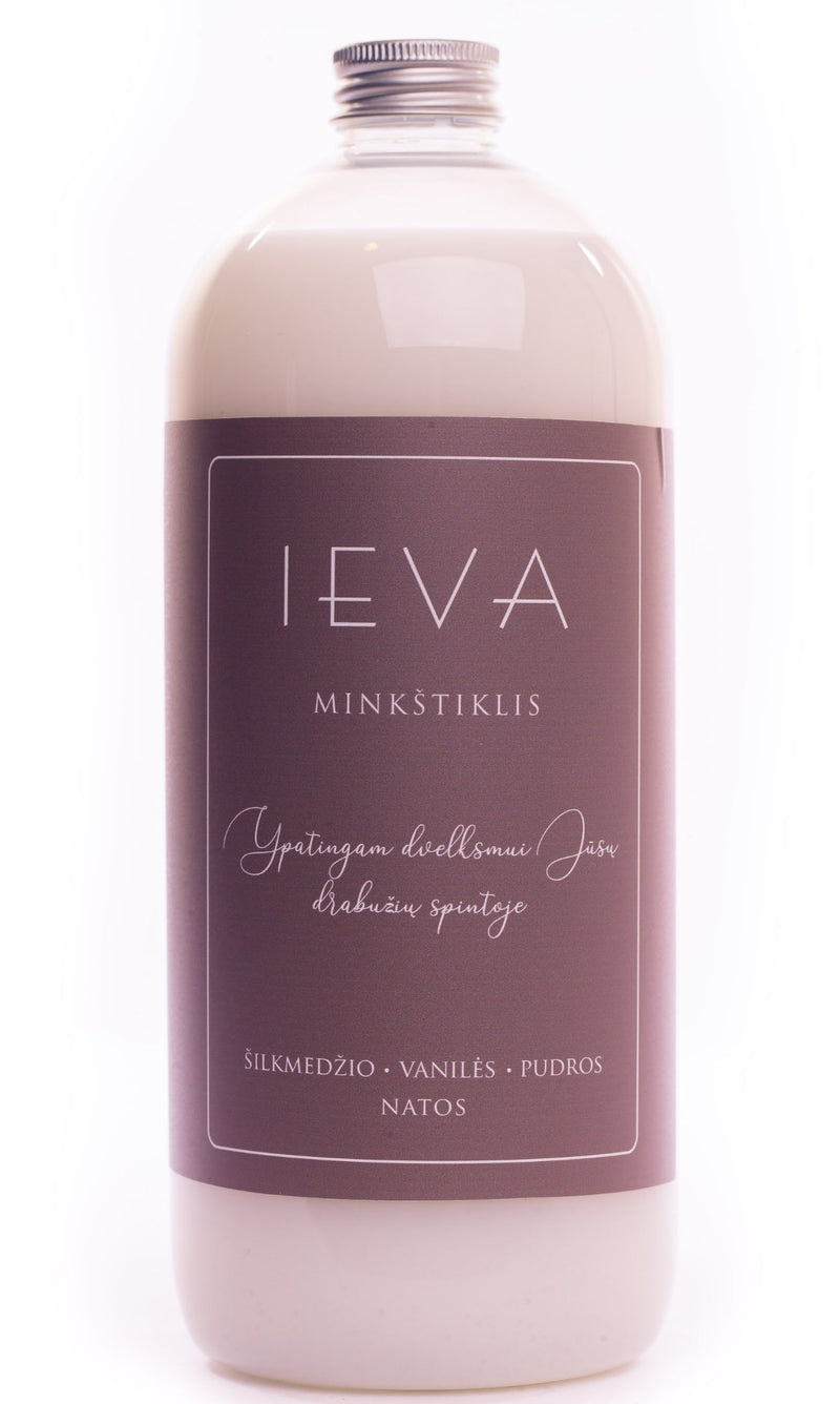 IEVA Skalbinių Minkštiklis 1000ml (Šilkmedžio, Vanilės Ir Pudros kvapas), audinių kondicionierius, parfumuotas skalbinių minkštiklis