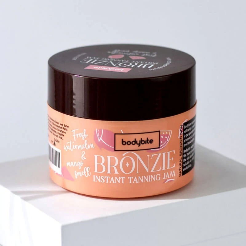 Bodybite BRONZIE Instant Tanning Jam with Watermelon and Mango in a jar for a radiant tan