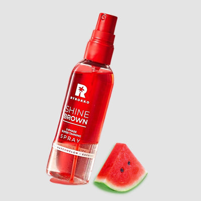 BYROKKO Original Shine Brown Watermelon two-phase spray - Purškiamas Dvifazis Įdegio aliejus su Arbūzais ir Hialurono rūgštimi sausai ir jautriai odai, intensyviai drėkinantis įdegį skatinantis aliejus įdegiui saulėje ir soliariume